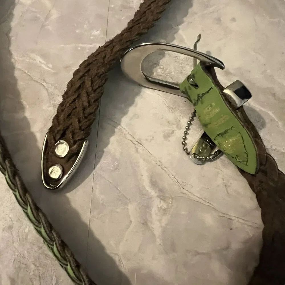 Capezio Womens Braided Woven Belt Genuine Leather Green S/M Argentina Vtg